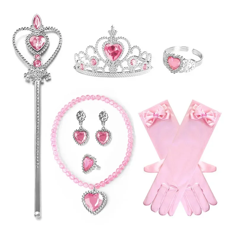 Kids Girl Halloween Accessories Set Crown Magic Wand Necklace Bracelet Ring Earrings Gloves Kids Birthday Dress‑up D1114