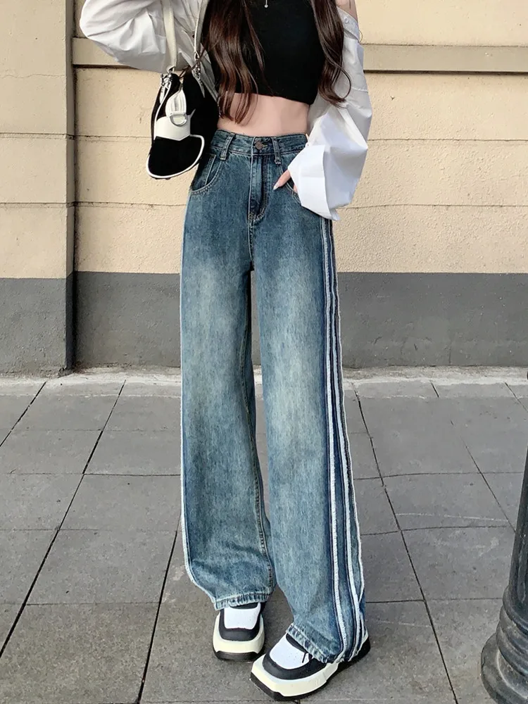 2023 Y2K Fashion Side Stripe Washed Blue Baggy Jeans Pants For Women Clothes Straight Lady Hip Hop Denim Trousers Pantalon Femme