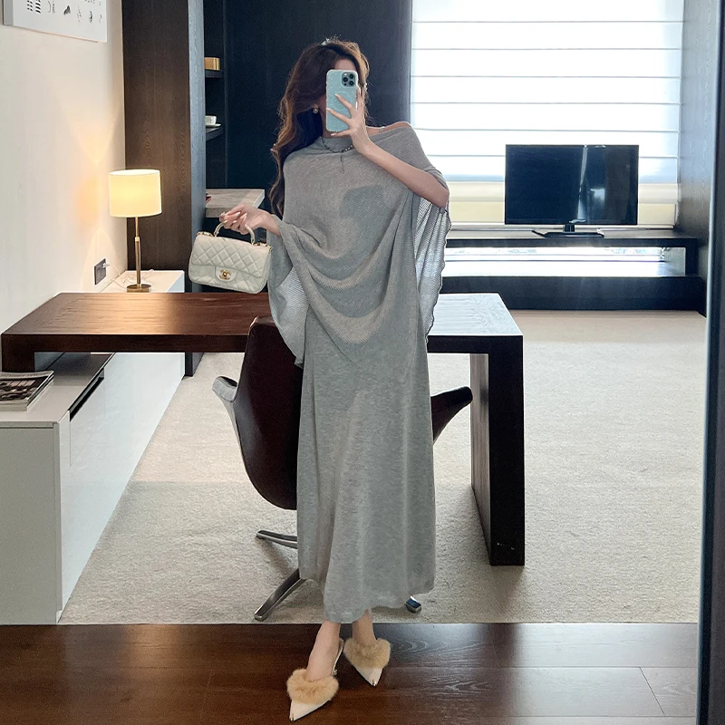 

Fashionable French Knitted Set Lazy Shoulder Style Sun Protection Tube Dress Two-Piece Women's Streetwear Ankle-Length Gown 2025