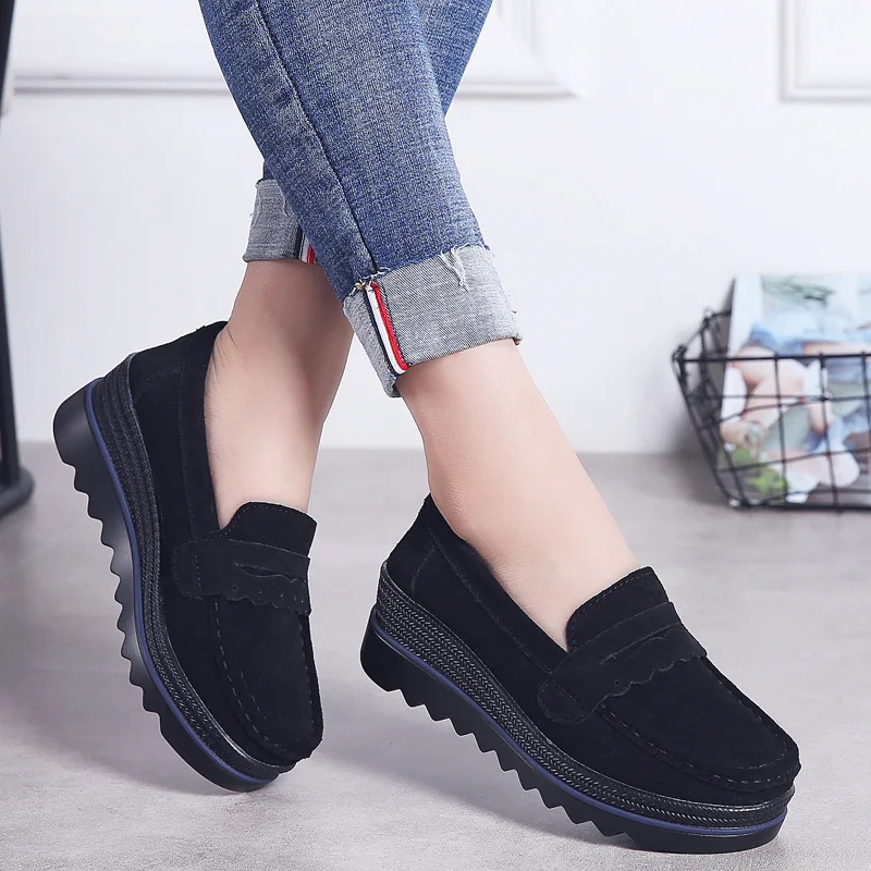 2018 Donne di autunno Appartamenti di Spessore Con La Suola Della Piattaforma del Cuoio Genuino Scarpe Da Tennis Femminili Casual Scarpe Slip-On