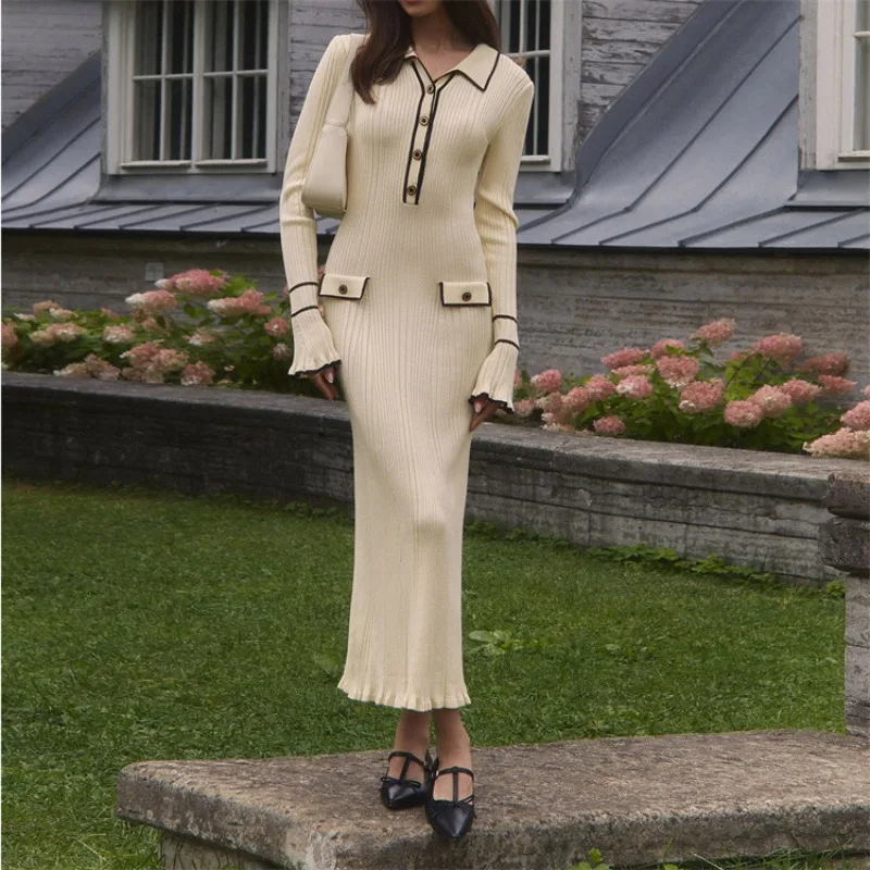 

Luxurious Ruffled Knit Dress 2025 Autumn and Winter Sweater Skirt Lapel Tight Skirt