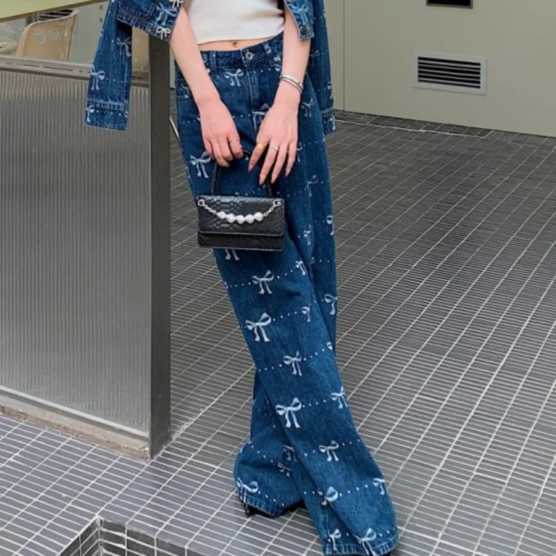 ANJY otoño nueva mujer lazos decoración impreso fresco elegante tendencia pantalones vaqueros de pierna ancha moda versátil Chic pantalones vaqueros A11034