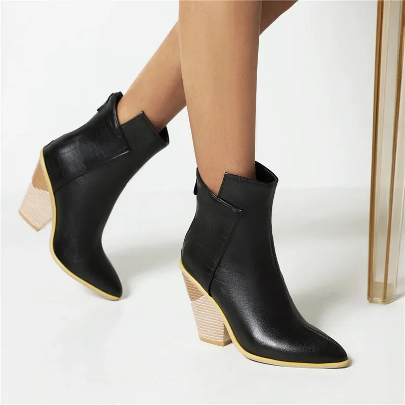 Brown Blue Cowboy Ankle Boots Women Western High Wedge Heels Light Dress Ladies Winter PU Leather Pointed Toe Zipper Short Botas