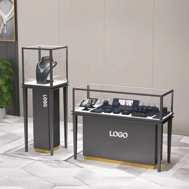 custom.Modern Style Metal Jewelry Showcase with Tempered Glass and LED Lighting Store Display Counter Furniture Hotels and S