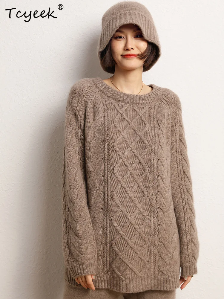 

Tcyeek, 3G Wool Cashmere Loose Sweaters, Women O-Neck Crochet, Casual Fashion Pullover, 2024 Autumn Winter New Top T48759QM