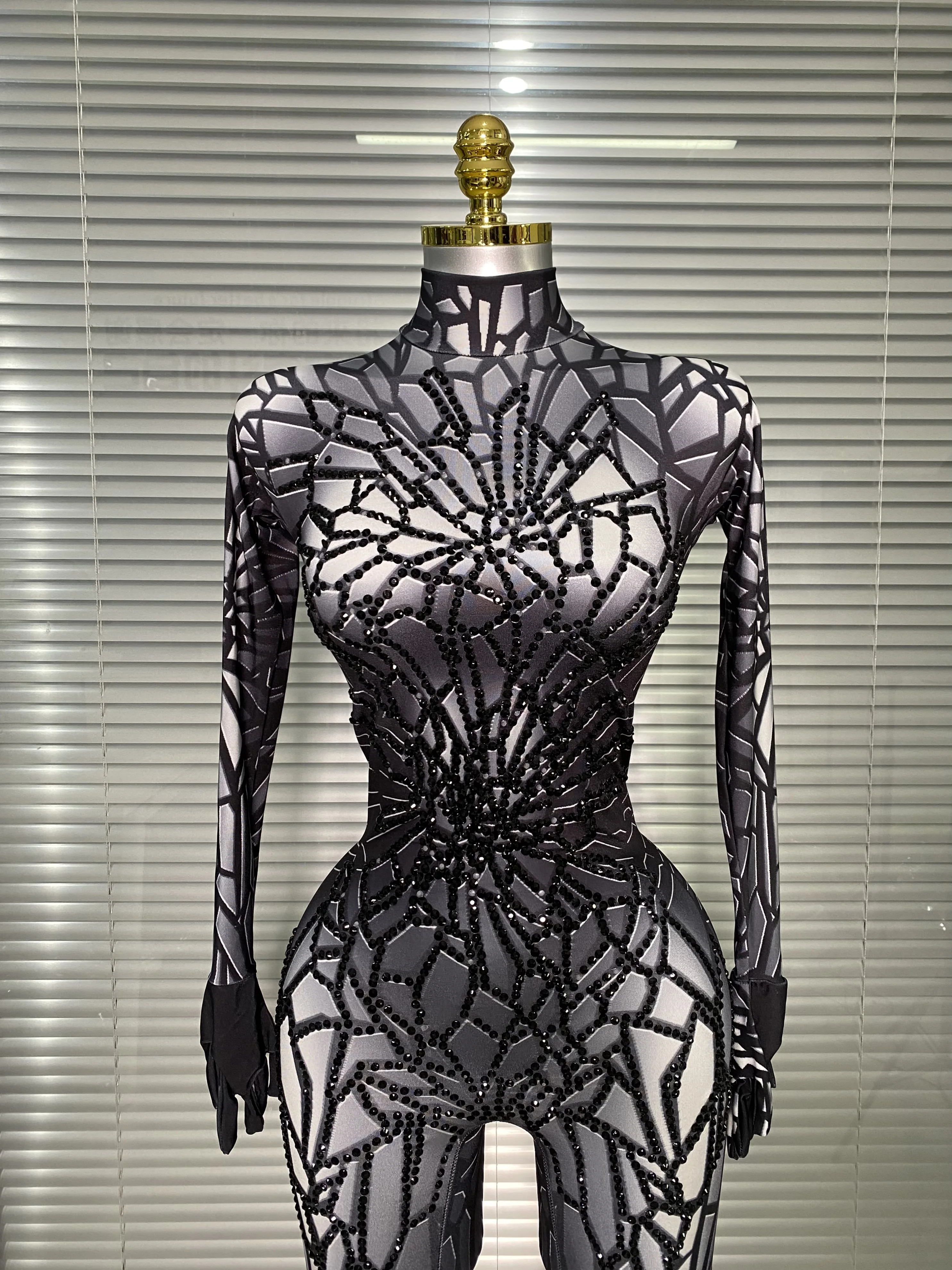 

Женский сексуальный черный комбинезон с кристаллами Y2K, дизайнер знаменитостей, эластичная сетка, комбинезон для певицы, танцовщицы, ночного клуба