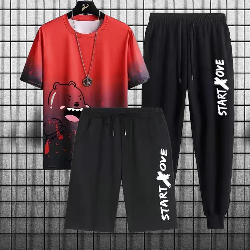 Summer New Ice Silk Cool Leisure Sports Men's Set 3-piece, Pattern Round Neck T-shirt