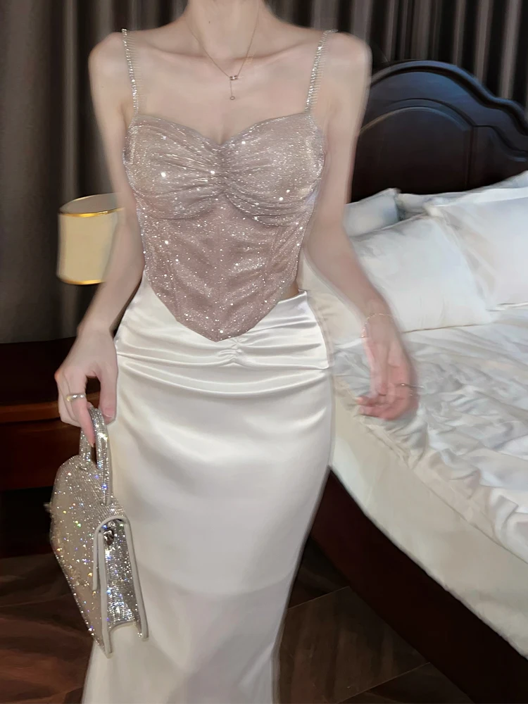 

Сексуальный укороченный топ с ремешками из волокна, женский тонкий жилет на бретелях со стразами, внутренняя майка, длина для поездок на работу, полиэфирное волокно