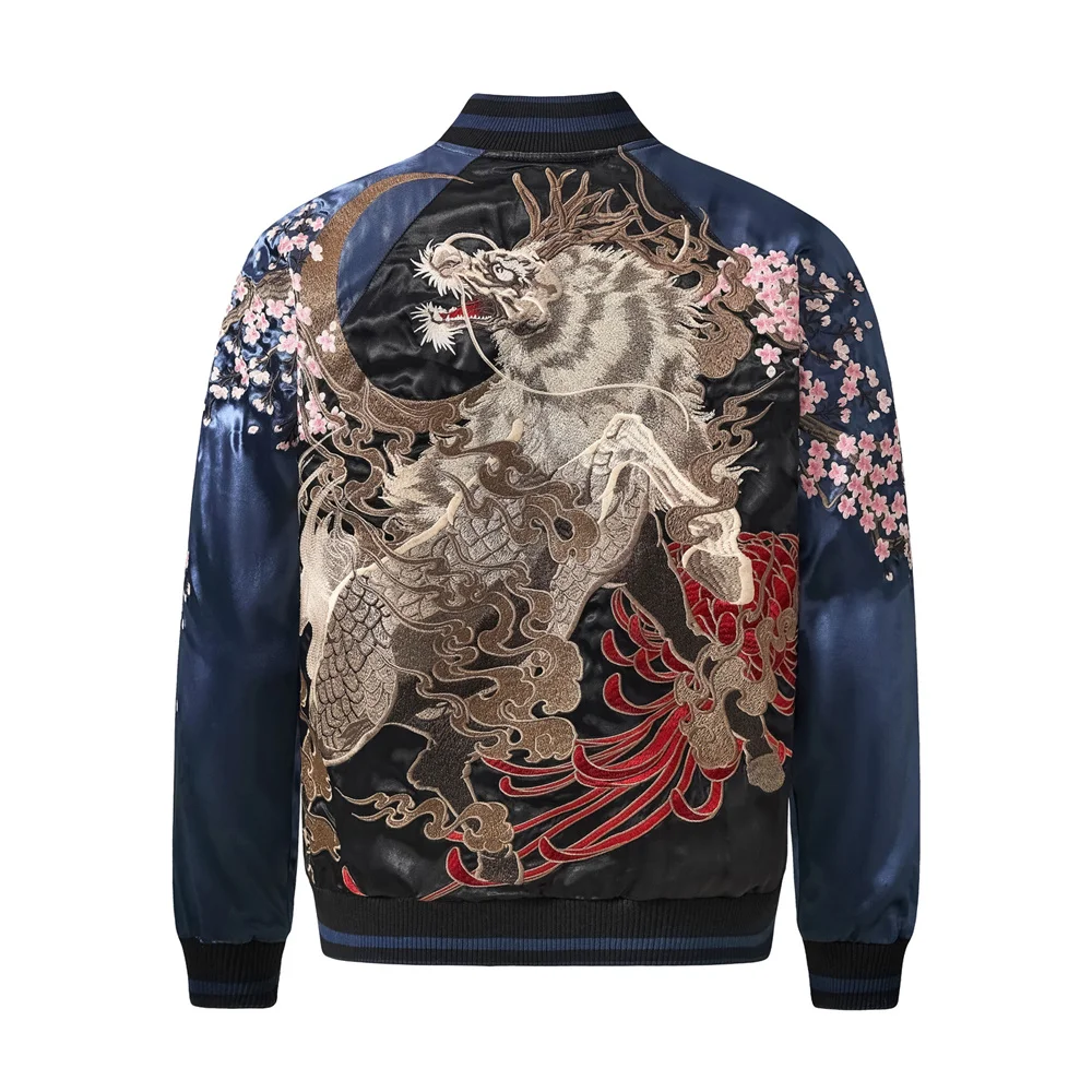 

Hip Hop Men's Harajuku Anime Mythical Creature Flower Embroidered Zipper Jacket Streetwear Japanese Baseball Coats