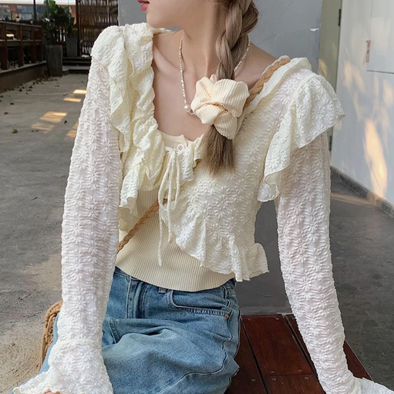 

Куртки женские эстетические женские новые оборки дизайн корейский стиль весна сладкий ретро темперамент популярные литературные укороченные топы мешковатые