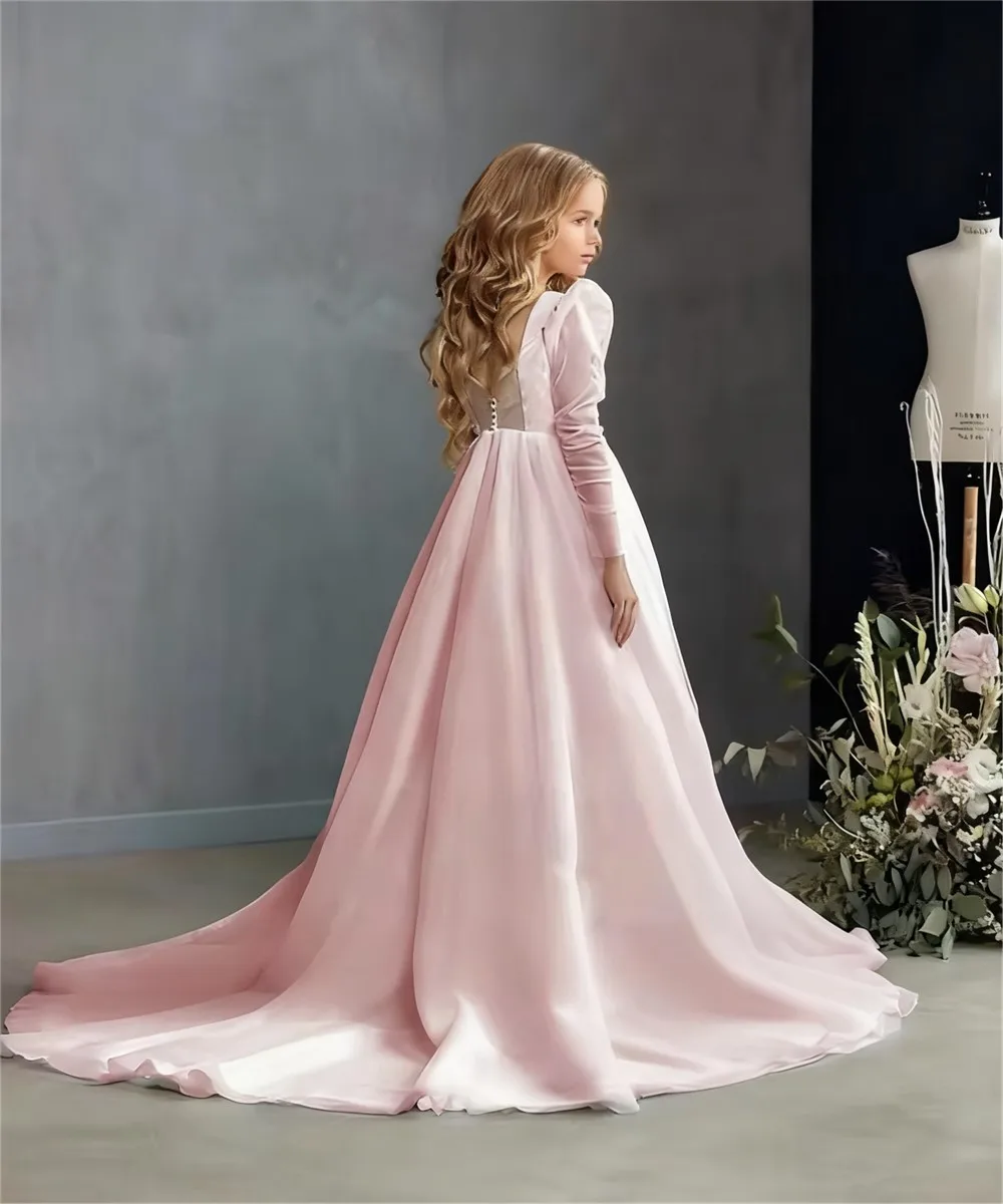 Customized Elegant Flower Girl Wedding Dress Pearls Long Sleeve Princess Birthday Party Dress Kids Party First Communion Gown