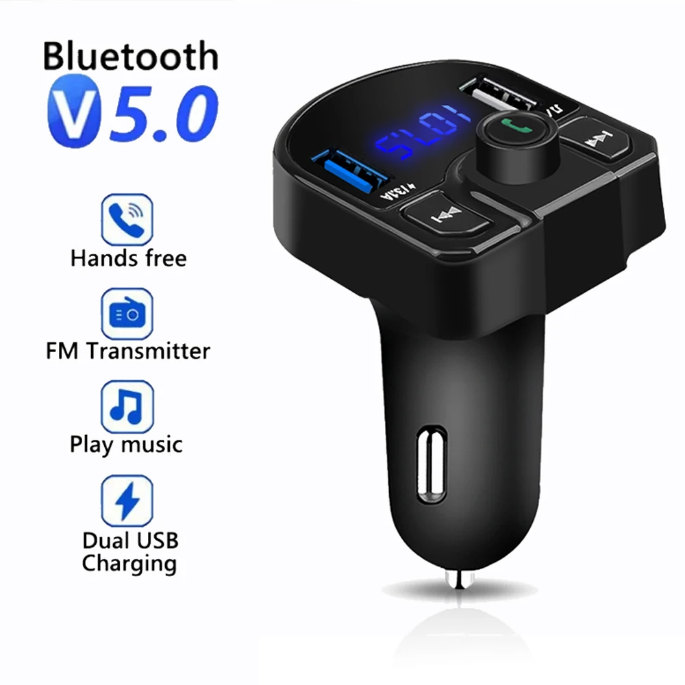 Bluetooth 5.0 Handsfree Car Kit FM Transmitter 3.1A Quick Dual USB Charger LCD Digital Voltmeter TF Card U disk AUX Player