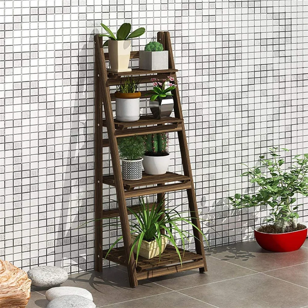 Carbonized wood folding ladder shelf front view