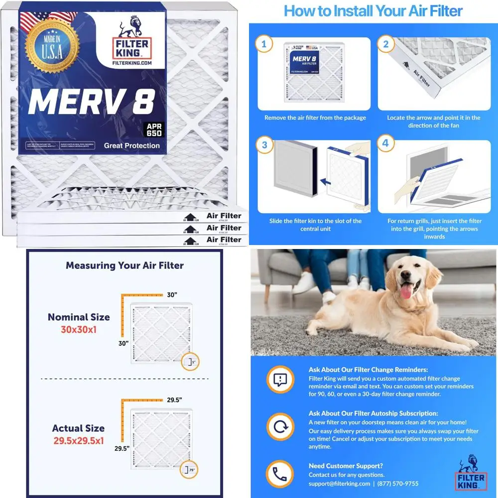 

Pleated AC Furnace Filters 8x20x1 MERV 8 6-Pack Made in USA Actual Size 8x20x0.75 Air Filters