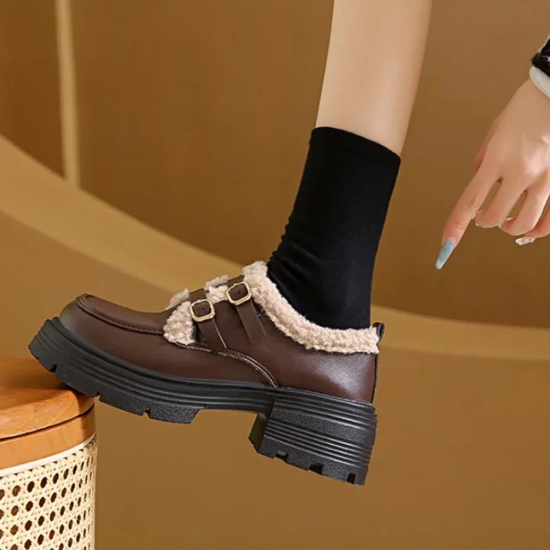 British Style Leather Shoes for Girls Winter 2024 Thick Soled Lamb Wool Warm  Uniform School Cotton Shoes Plush PU woman