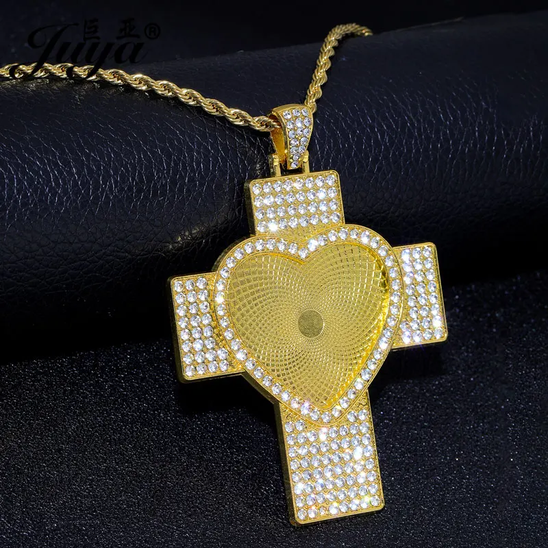 

10PCS 30mm Blank Heart Cross Pendant Cabochon Base Trays + 60cm Plated Real Gold Chains For DIY Style Necklaces Fashion Jewelry