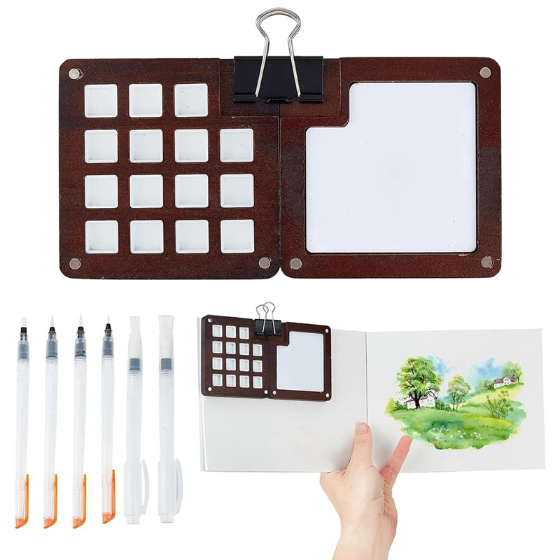 

Mini Portable Watercolor Palette Set, 15 Grids Wooden Palette Box Watercolor Paper Pad Watercolor Sketch Book