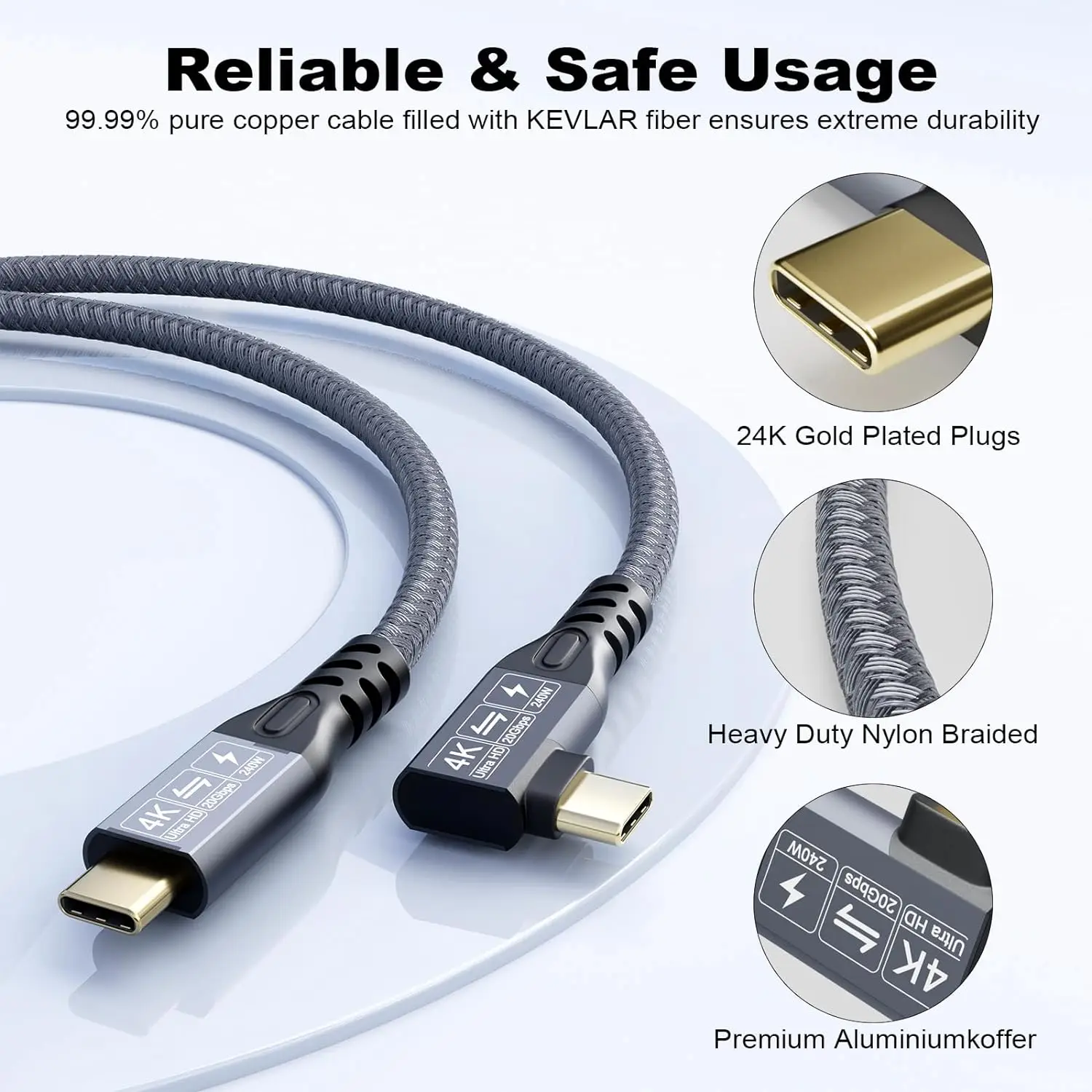 2PC/Lot 20Gbps USB C 3.2 Extension 90 Degree 4k Video Cable Male to Male 240W Charging Cable 20Gbps Data with External SSD