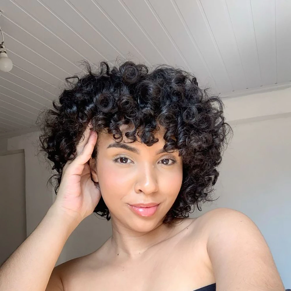 Loose Wave Pixie Cut Wig Brazilian Human Hair Short Curly Wigs with Pre Plucked Bangs for Women Machine Made Cap Ready to Wear