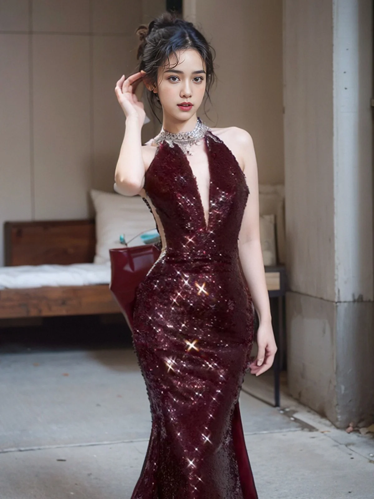 

Wine Red V-ne Wedding Dr Fi Tail Evening Gown for Engagement And Anniversary Long Skirt Faionable Bridal Dr