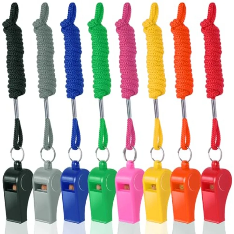 8Pack Colorful Plastic Whistles with Lanyards 120dB Loud Sports Whistles for Coaches Teachers Emergency Kits Events