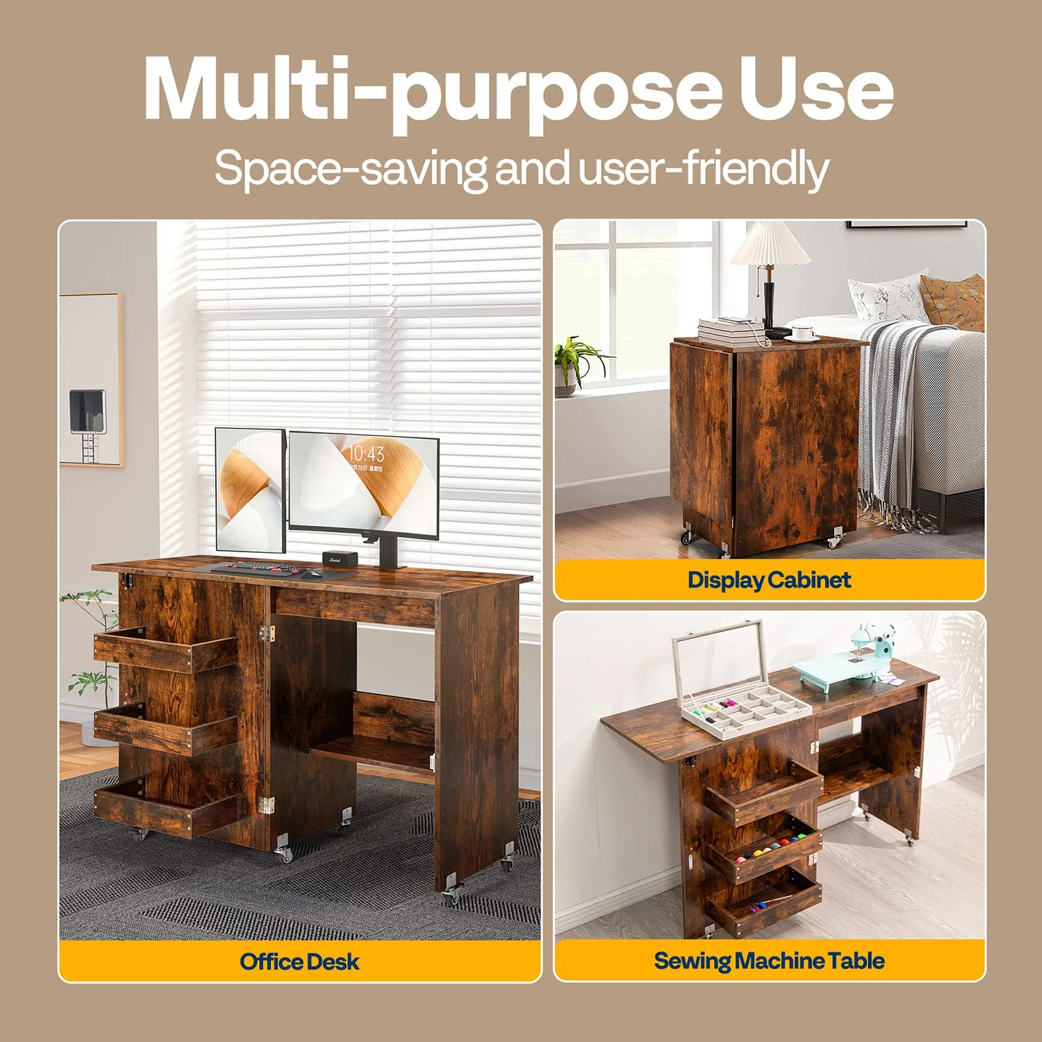 Folding Sewing Machine Table Multipurpose Cabinet with 1 Storage Shelves 3 Trays