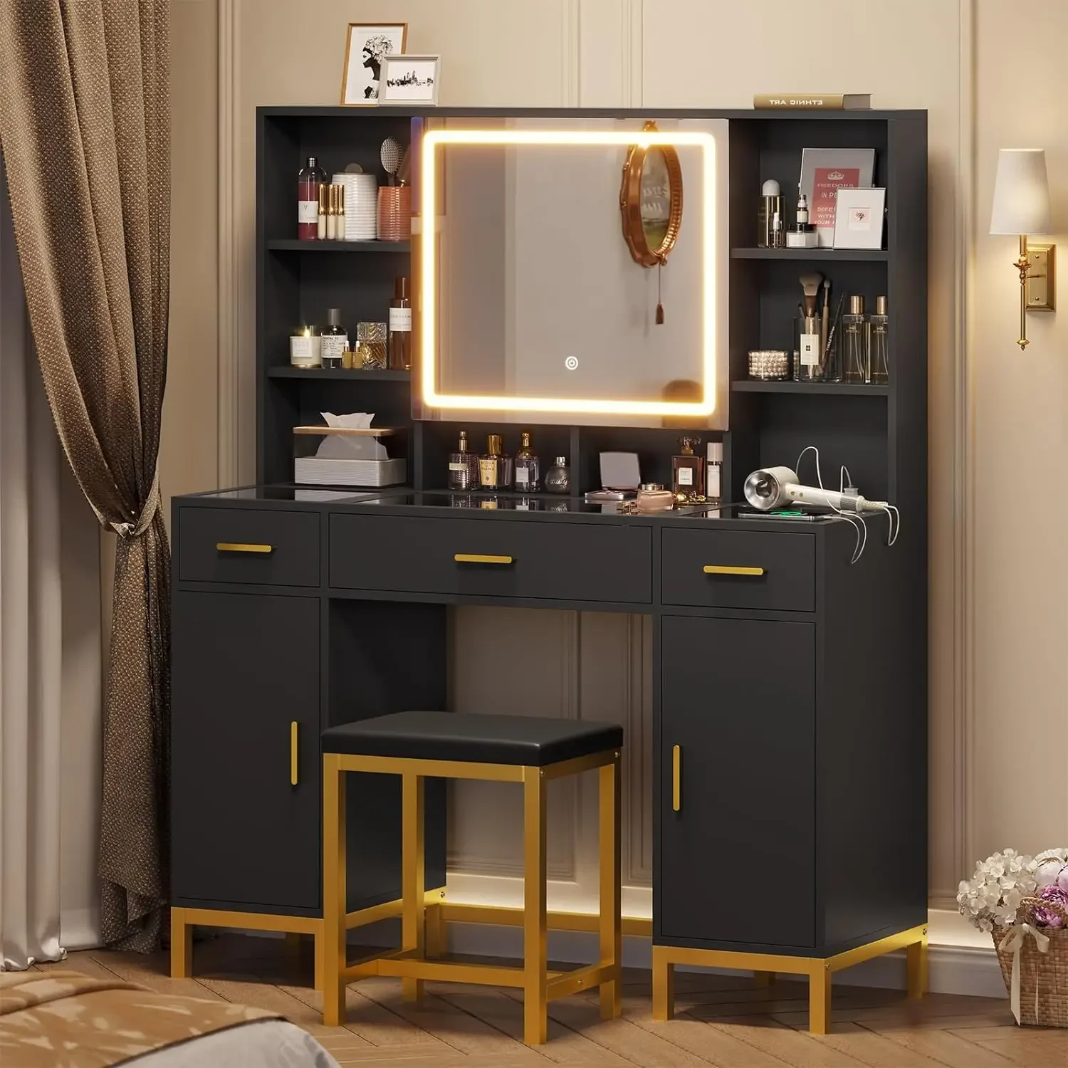 Vanity Desk with Openable Mirror and Lights Glass Tabletop Makeup Vanity Set with Charging Station Black Vanity Table with