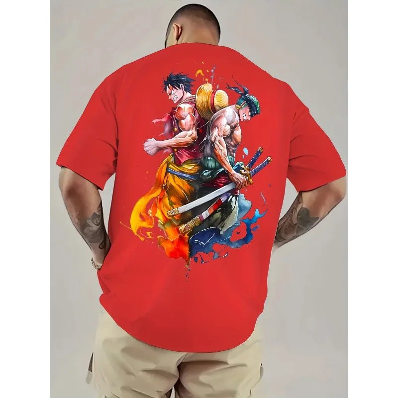 EEN STUK 2025 Zomer heren T-shirt Straat Animatie Terug Print Vlam Aquarel Ontwerp Casual Losse Versie Grafische T-shirt