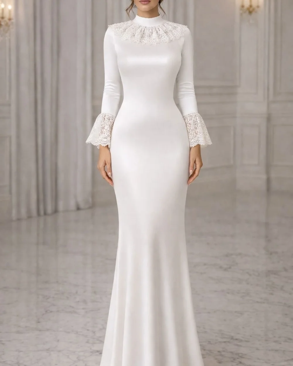 

Customized High Quality Women Jersey Lace Ruched Mermaid Evening Dresses Simple High Collar Long Sleeves Floor Lenght Party Gown