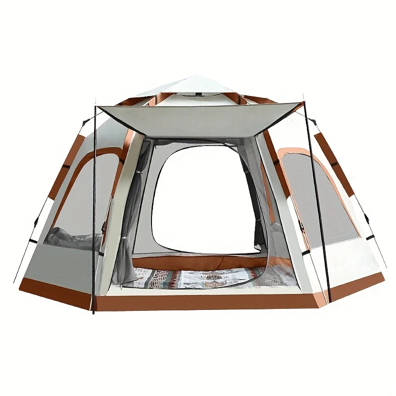 Spacious 4-Person Hexagonal Camping Tent with Canopy - Waterproof, Windproof, Easy Setup, Includes Mesh Doors & Large Windows