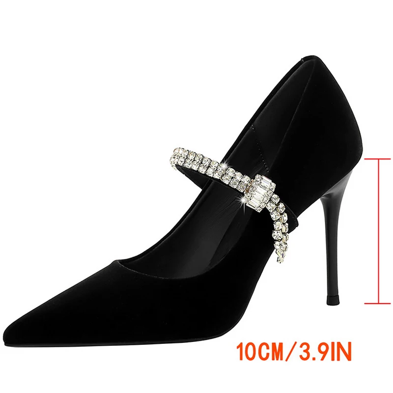 جديد فاخر النساء مضخات حجر الراين تصميم عالية الكعب أحذية السيدات الجلد المدبوغ الإناث الكعوب 10 سنتيمتر خنجر مضخات أحذية مأدبة الموضة