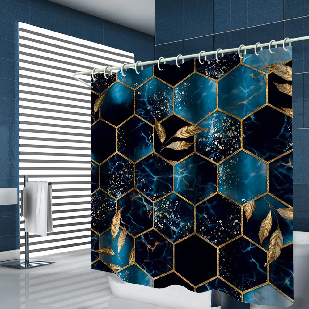 1/4 Geometric Grid Shower Curtains, Toilet Seat Decoration, Shower Curtain with Carpet and Toilet Lid, 12 70.8x70.8 inch Hooks
