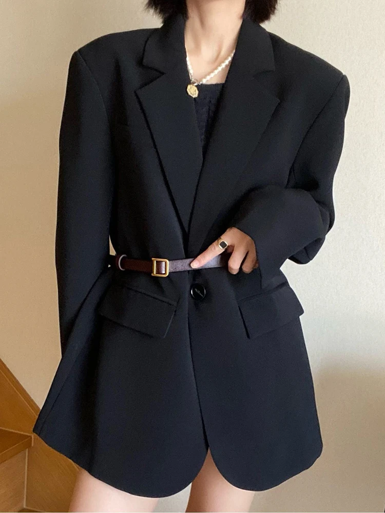 Black Elegant Women Blazers Korean Loose Casual Office Lady Single Button Suit Coats Spring Autumn Vintage Long Sleeve Outwear