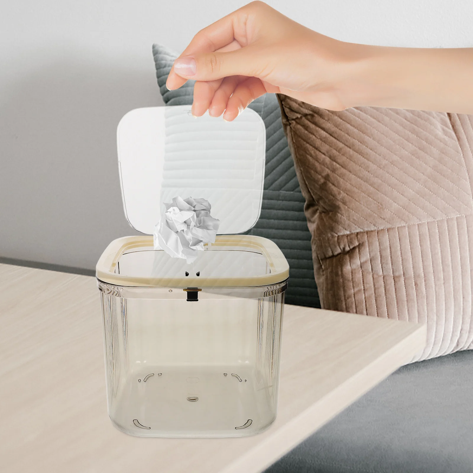 

Compact Desktop Trash Can with Press Top Lid Clear Mini Garbage Bin for Countertop Desk Car Home Office Storage Solution