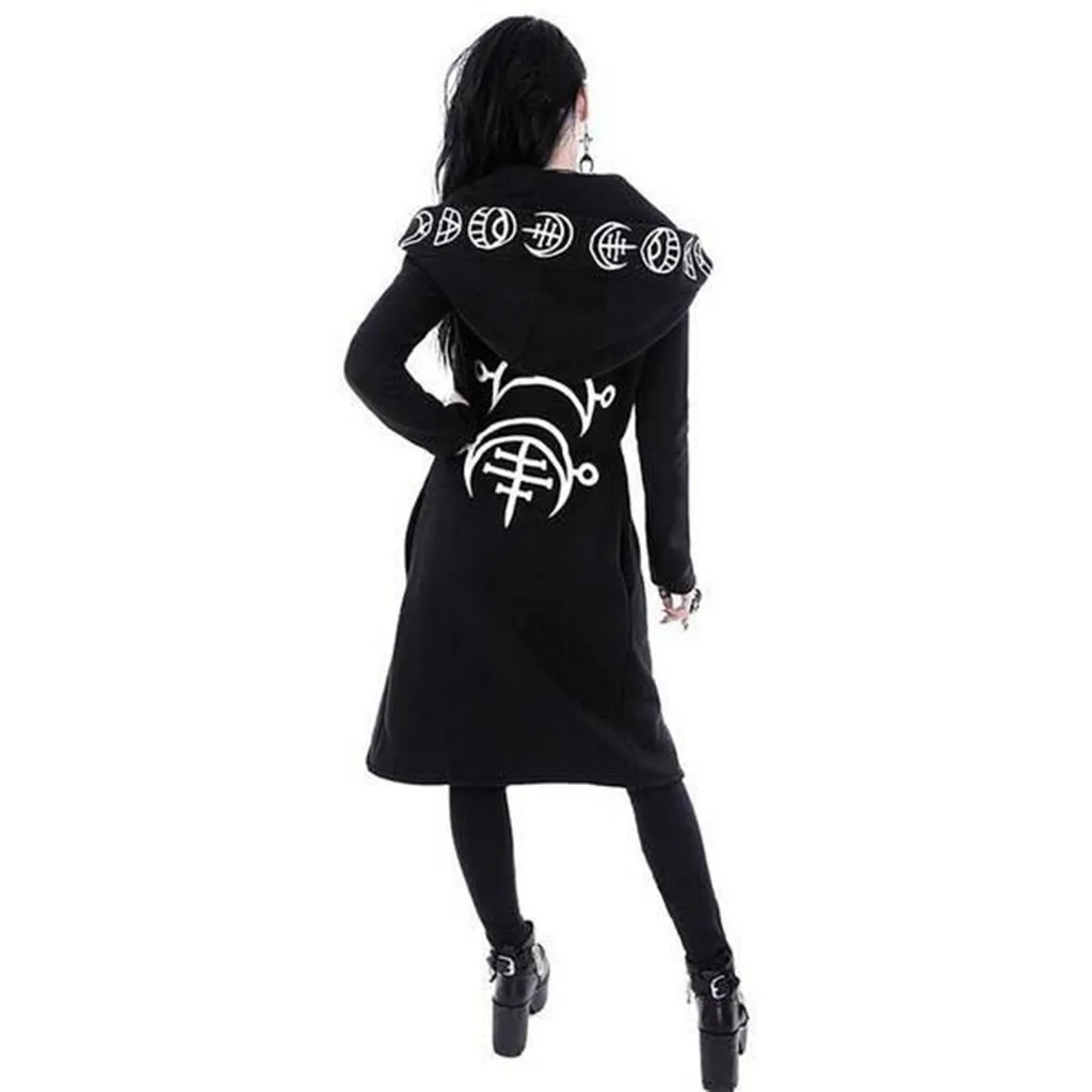 Autumn and Winter Women Long Sleeve Punk Moon Print Hooded Black Cardigan Jacket Coat Plus Size