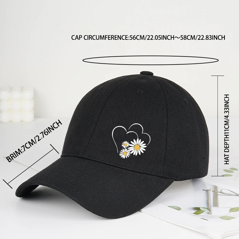 Heart-Print Daisy Soft-Peak Baseball Cap: Casual, Street-Style, Adjustable, Unisex, Perfect for Beach Vacations and Shopping Tri