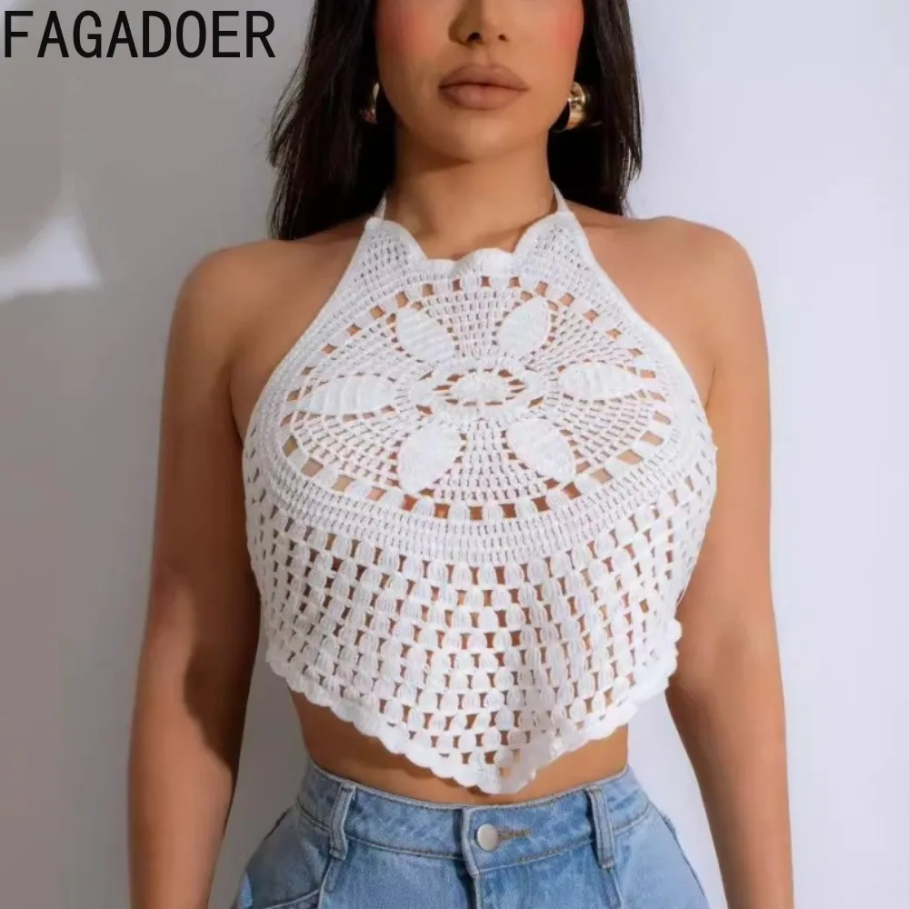 

FAGADOER Summer New Knitting Hollow Out Halter Tops Women Sleeveless Backless Lace Up Irregular Vest Fashion Solid Beach Clothes