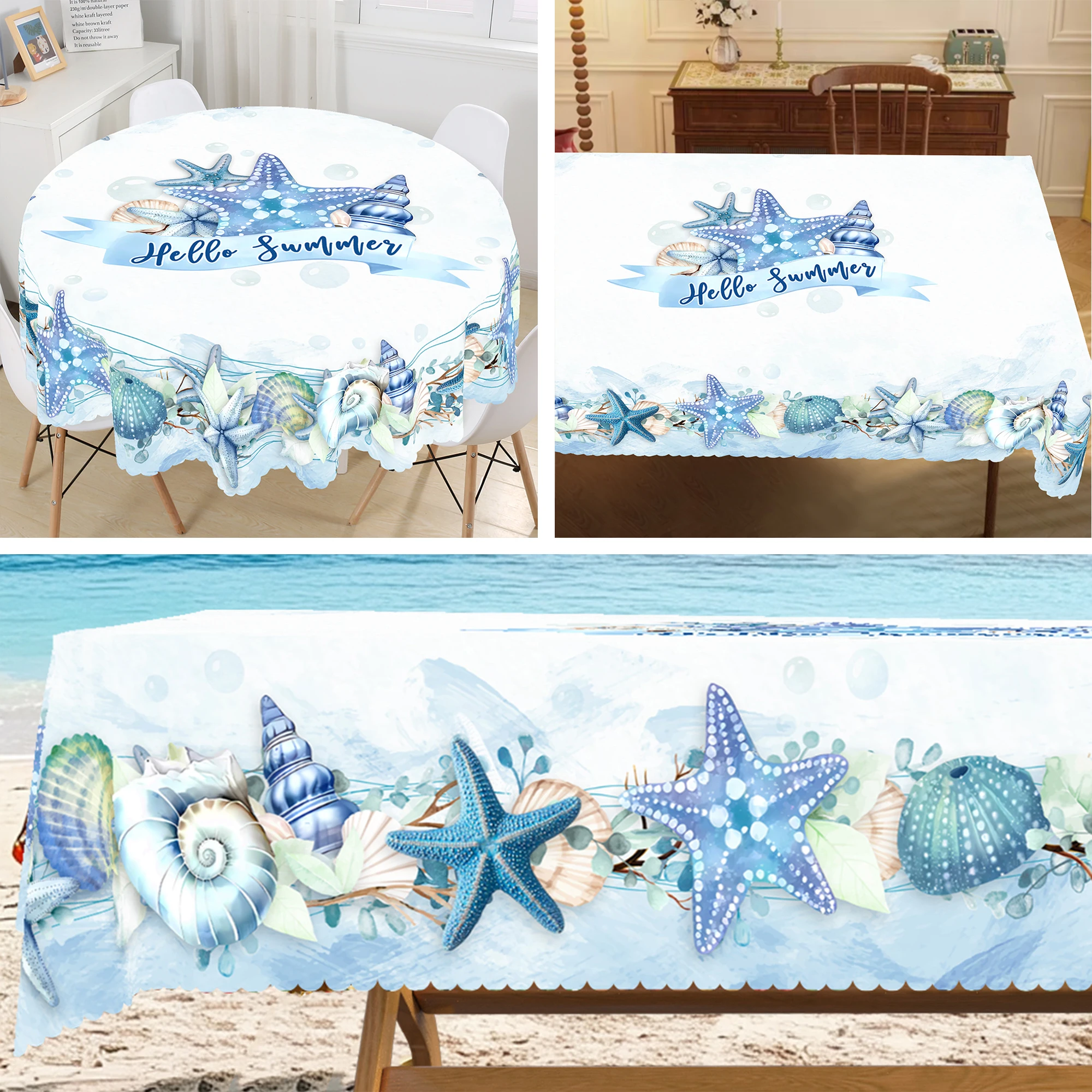 Küstentischdecke, Ocean Nautical Tischdecke, Polyesterfaser, Coral Starfish Seashell Tischdecken, Strandthematisch