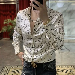 American Style Spring New Long Sleeved Shirt Men High-end All-match Single-breasted Printing Fashion Loose Lapel Collar Tops