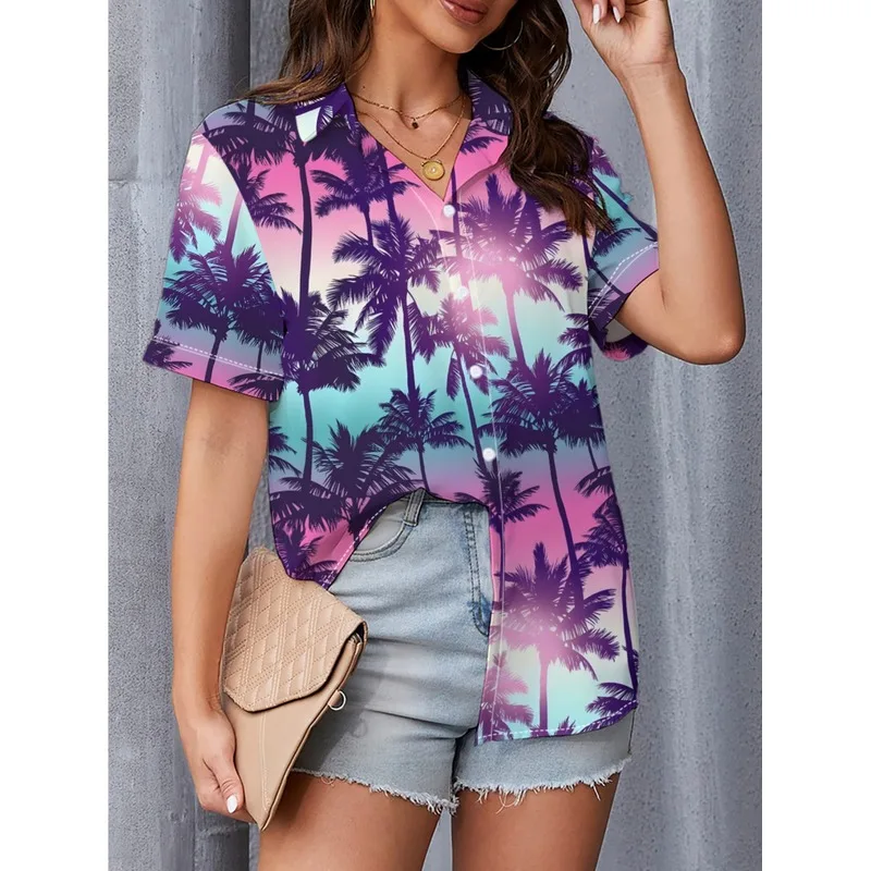 2026 New Women'S Trendy Tropical Coconut Tree Pattern Printed Short-Sleeve Casual Shirt