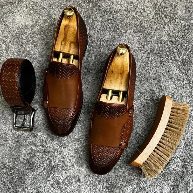 Men Loafers Shoes Brown Black Pu Breathable Double Buckle Monk Shoes Mocassins Cuir Pour Hommes Men Shoes
