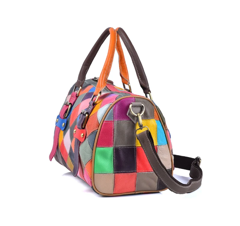 Hot Genuine Leather Women Handbag Fashion Plaid Colorful Patchwork Ladies Boston Bags Women Pillow Bag Bolsos sac a main