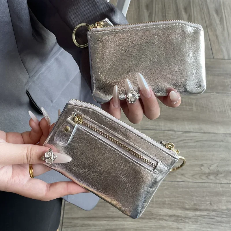 New Silver Genuine Leather Clutch Bag Cute Coin Purse Coin Pouch Mini Makeup Bags Key Lipstick Earphone Data Cable Storage Pouch