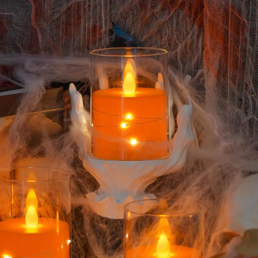 عديمة اللهب وامضة 3 × 4 5 6 شموع بلاستيكية شفافة برتقالية 11 مفتاحًا عن بعد مع أوتار خفيفة، مؤقت دورة يعمل بالبطارية LED Pa