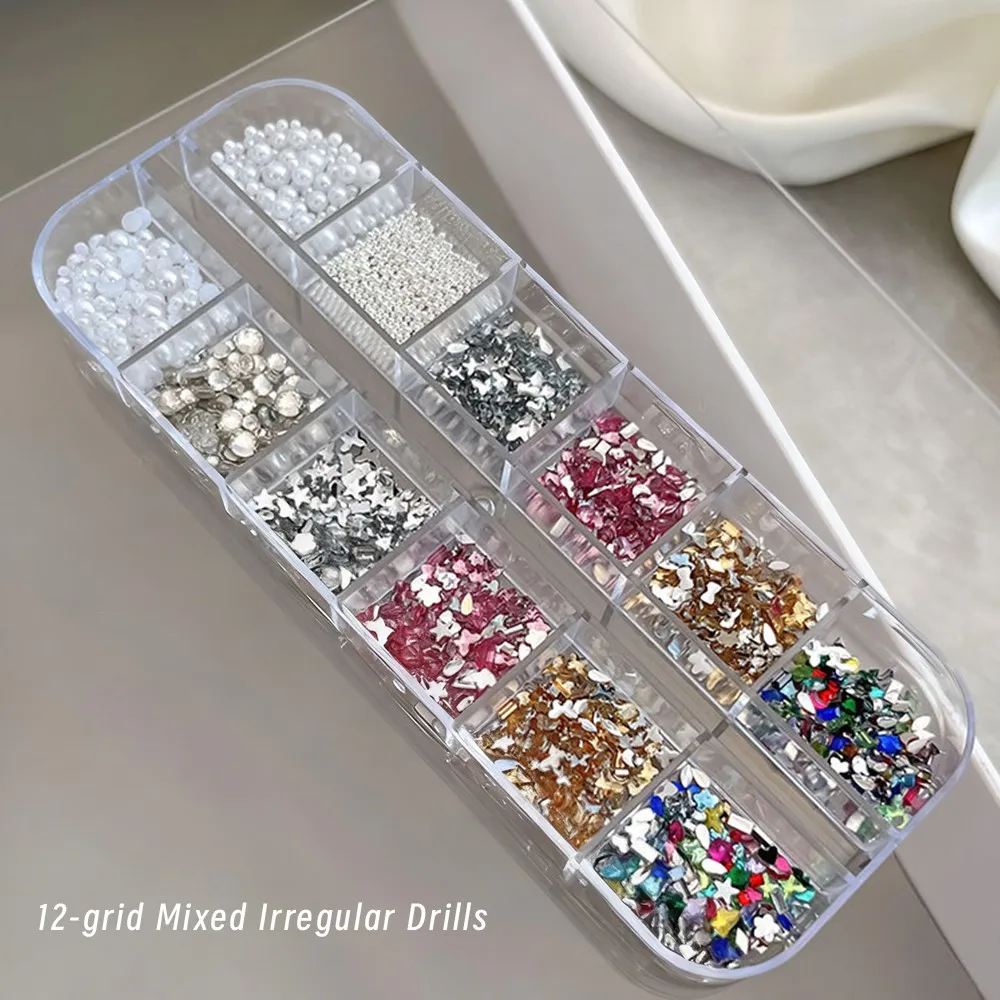 ลูกปัดเหล็กมุก 1/2 กล่อง ผสมคริสตัลตกแต่งเล็บ หลากสีสัน ประกายเพชร รูปผีเสื้อ ของตกแต่งเล็บสไตล์ Y2K เครื่องประดับตกแต่งเล็บ