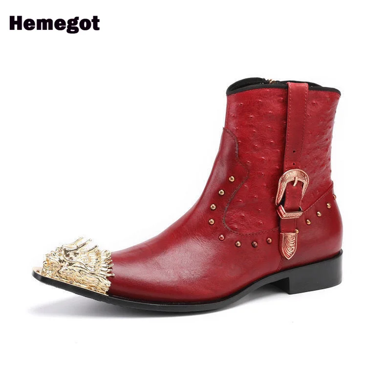 Bottes en Cuir Violet avec Perles Métalliques pour Homme, Fermeture Éclair Latérale Rouge, Grande Taille 37-47