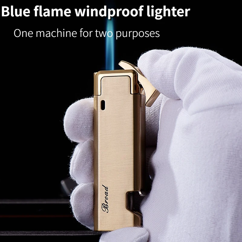 The Latest Men's Metal Blue Flame Straight-through Wine Opener Windproof Personalized Bottle Opener Inflatable Cigarette Lighter