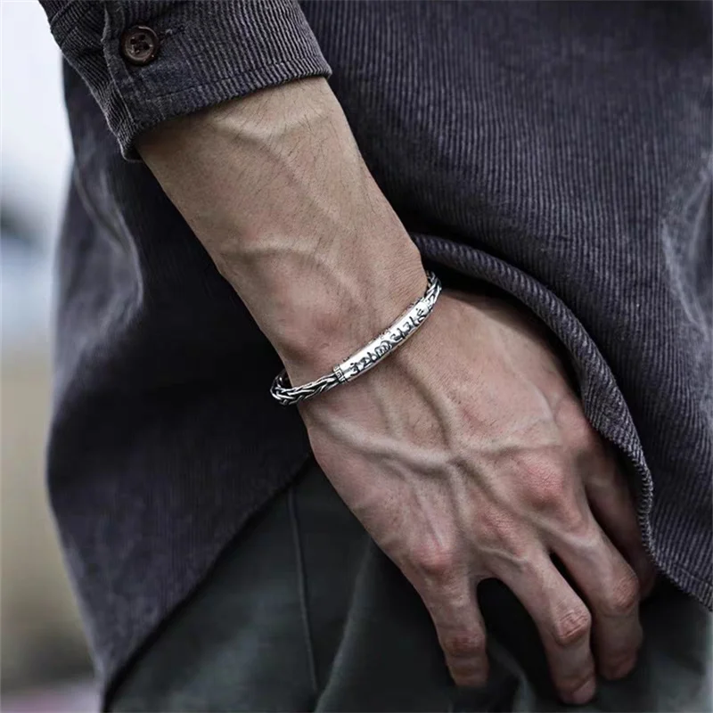 999 Sterling Silver Twisted Open Cuff Bangle for Men Women, Vintage Om Mani Padme Hum Engraved Couple Bracelet Gift