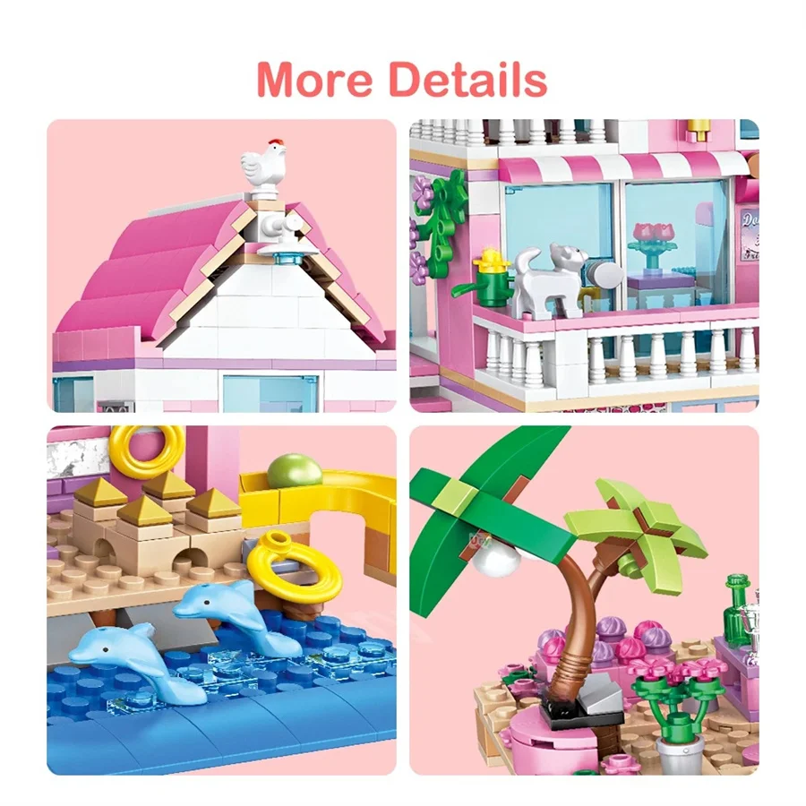 FUNXINEE 822Pcs Double-Layer Beach Villa Transformable House Building Blocks Creative Ornament Birthday Gift For Girls