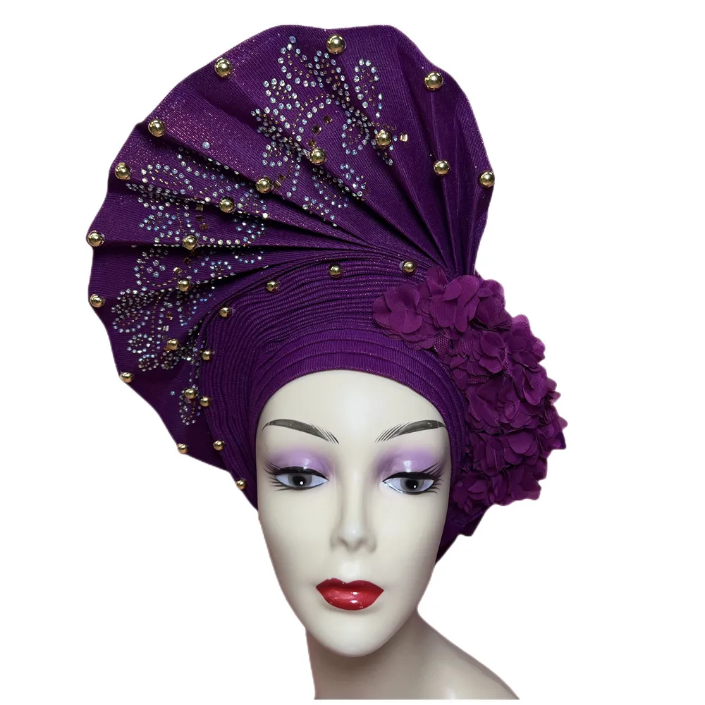 Latest Beautiful Purple Nigerian Gele Headtie Aso Oke Gele Already Made Auto Gele Aso Turban Cap With Beads For Party 1 Set